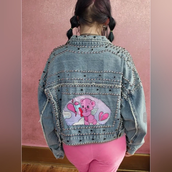 SOLD💝Kawaii pastel goth cropped lt wash ooak jacket! Lots of metal! Sugar Killz - Picture 10 of 14